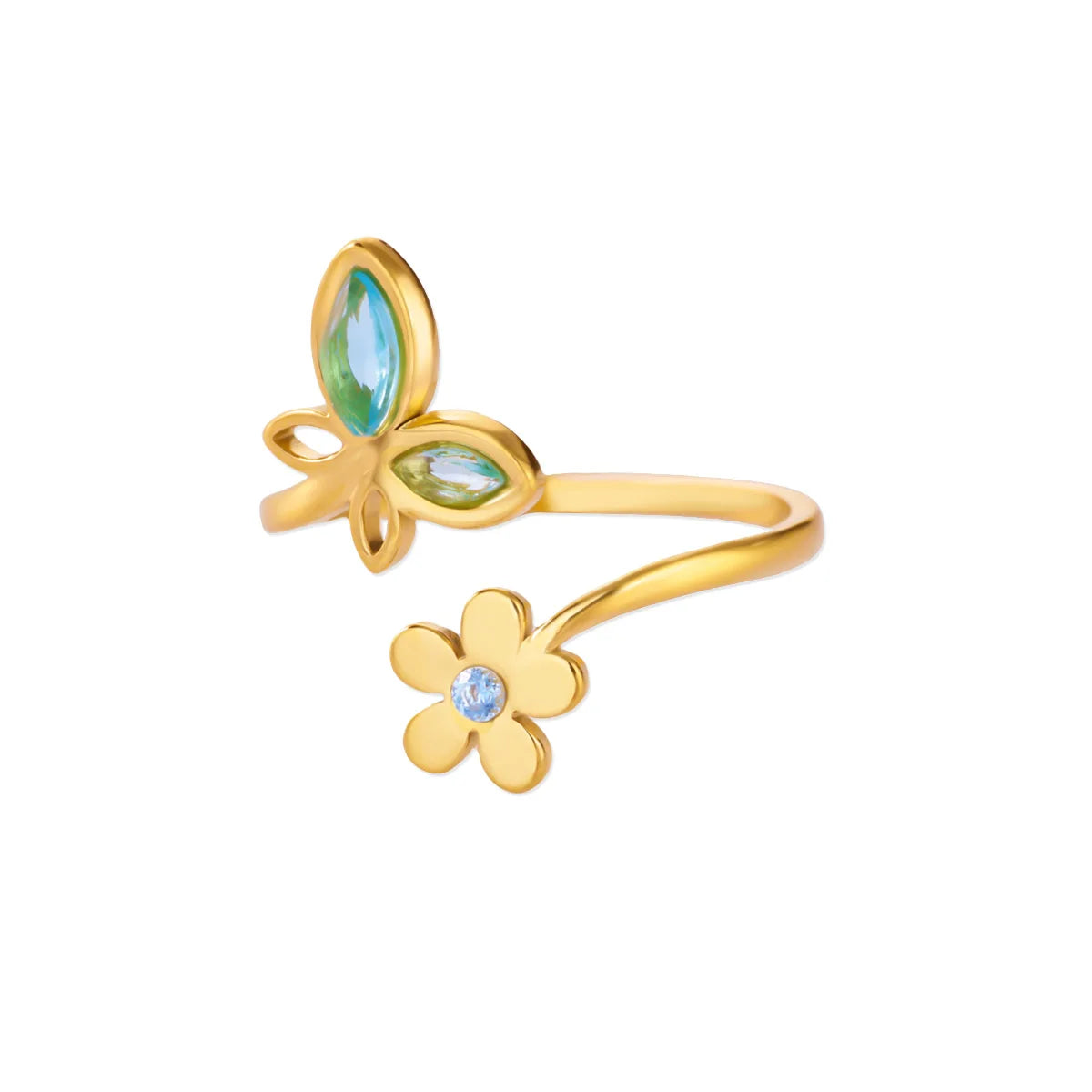 Elegante Zirkonia Blumen Schmetterling Ringe für Damen Goldfarben Edelstahl Blume Verstellbarer Ring Hochzeit Weihnachts Schmuck Geschenk