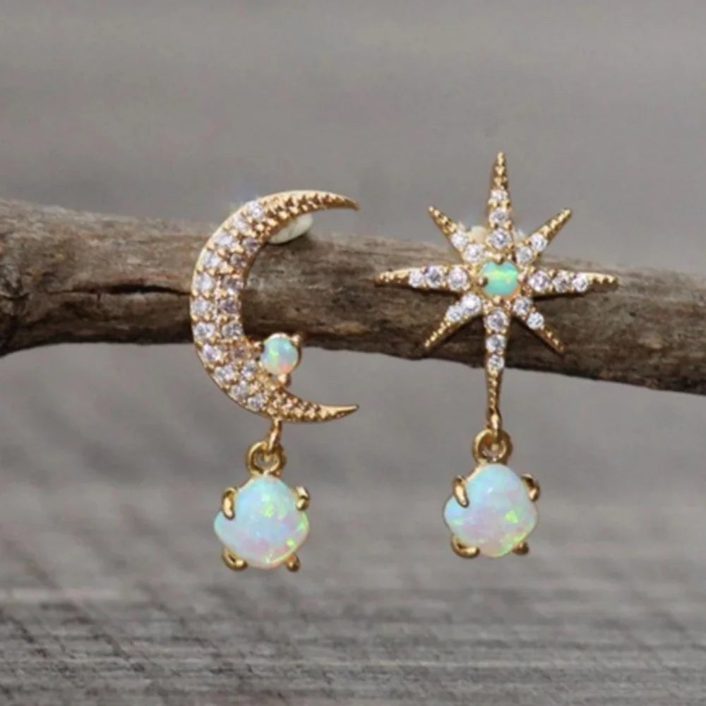 Golden Asymmetrical Zircon Moon Star Earrings for Women Retro Personalized Fashionable Versatile Accessory Gift