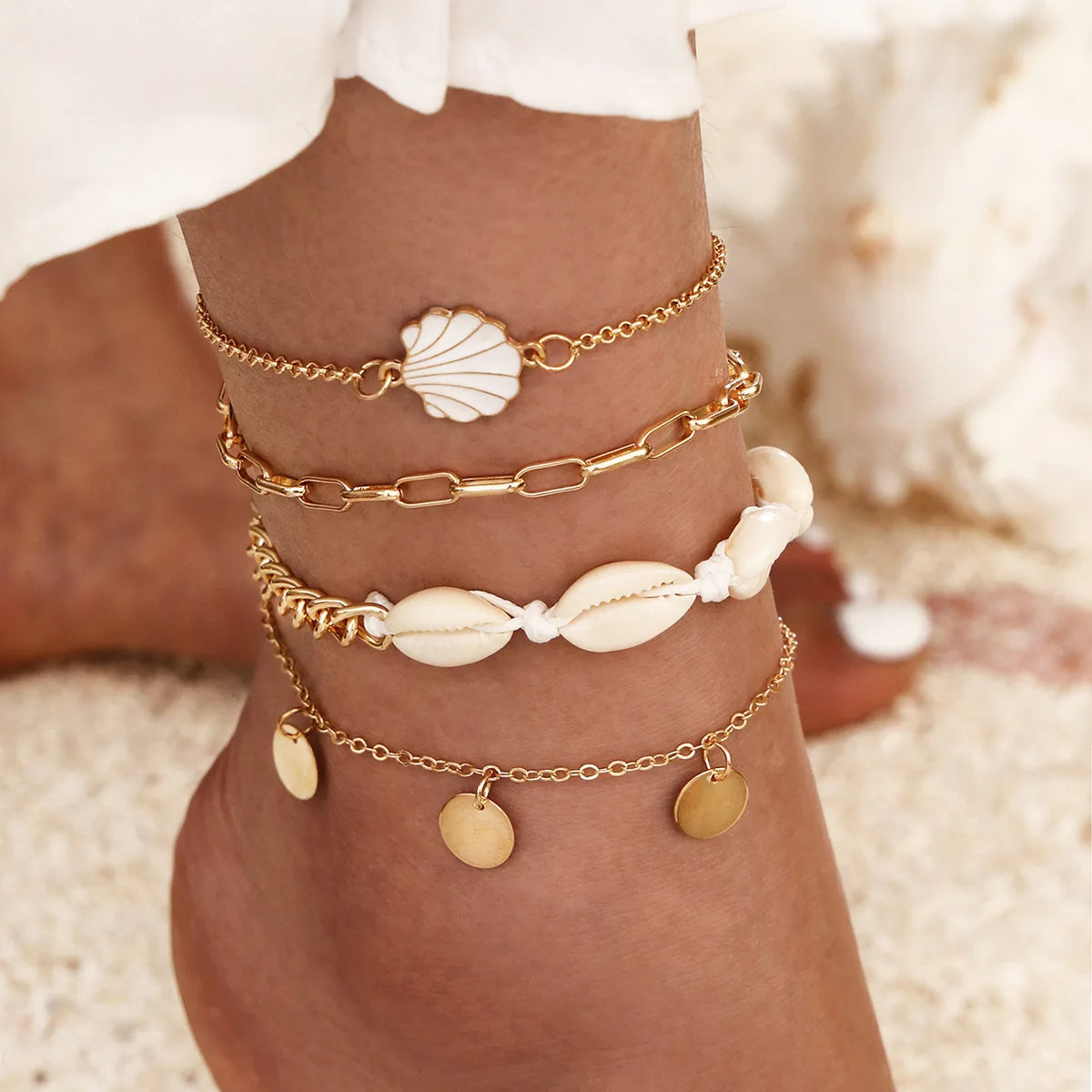 Neues Sommer Muschel Fußkettchen Set für Damen Pailletten Strand Fußkette Goldfarbene Bein Kette am Fuß Weiblicher Böhmischer Schmuck