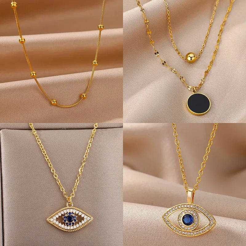 Collares de cadena de serpiente redonda de acero inoxidable con cuentas para mujer, color dorado, collar geométrico, joyería de lujo para boda, fiesta, regalo para mejor amiga