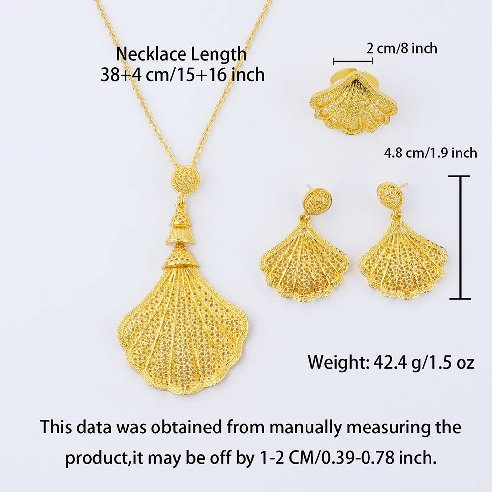 24 Karat goldfarbenes Party-Halskette-Ohrringe-Ringe-Set, luxuriöse Goldschmuck-Sets für Damen, Hochzeitsfeier-Accessoires