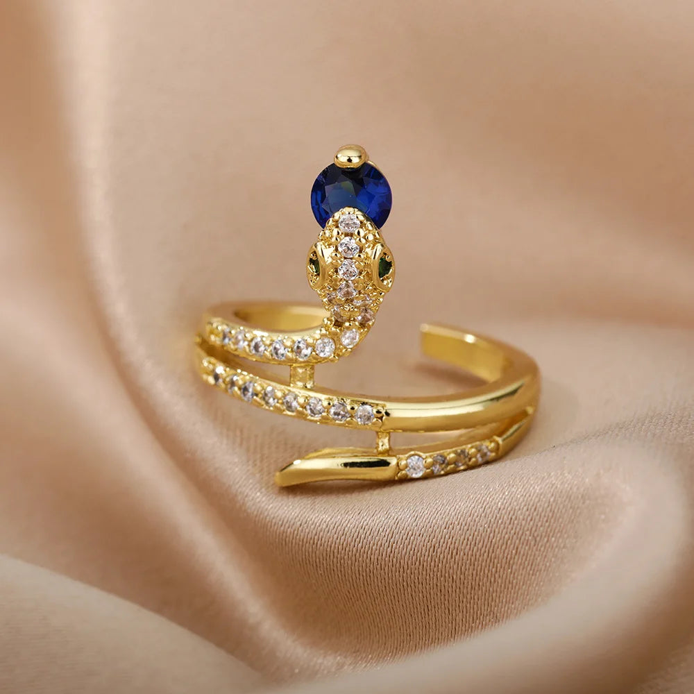 Edelstahl Schlangenringe für Damen Herren Goldfarben Offen Verstellbar Zirkon Ring Vintage Gothic Ästhetischer Schmuck anillos mujer