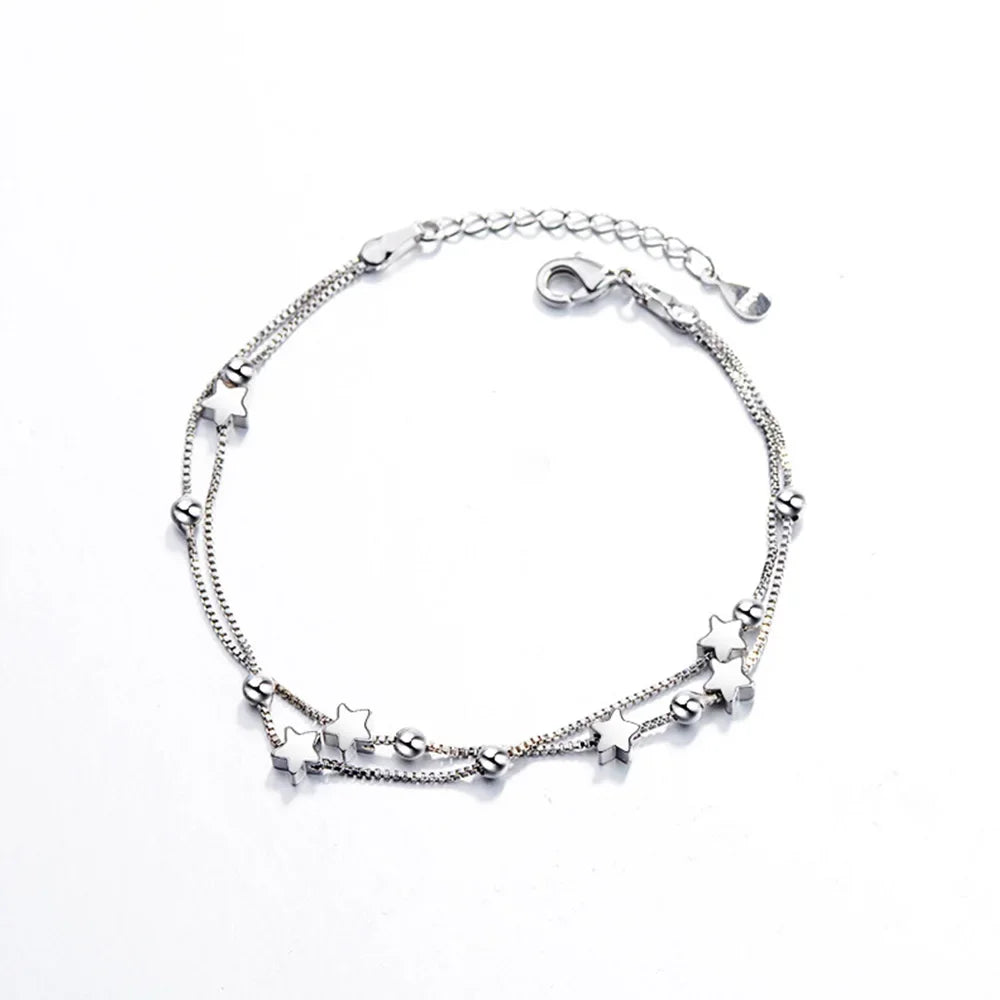 925 Stempel Silberfarbe Sternarmband Mode Koreanisch Fünfzackige Sterne Kristall Doppelarmband Dropshipping Großhandel