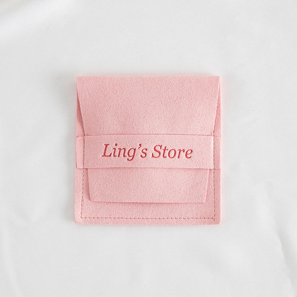 50/100 Stück schicke individuelle Logo Schmuck Microfaser Streifen Tasche Rose Beige Rosa Umschlag Samt Ring Ohrring Anhänger Halskette Ohrstecker Beutel