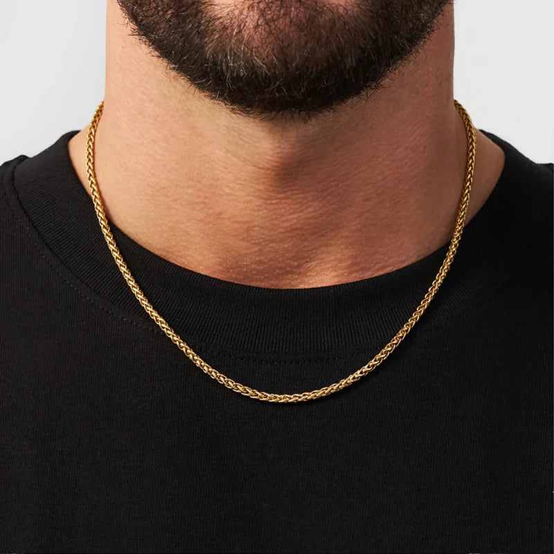 Diseño de collar de cadena de trigo de acero inoxidable hipoalergénico de gran venta para hombre con chapado en oro de 18k