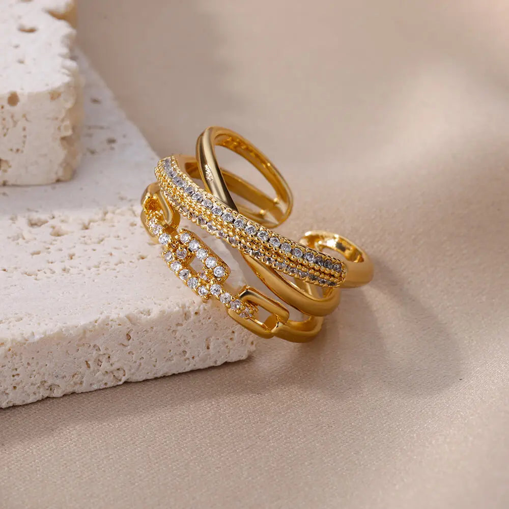 Anillos abiertos de cadena retorcida de circonita para mujer, anillos ajustables de acero inoxidable con diseño geométrico trenzado, regalo de joyería estética para bodas