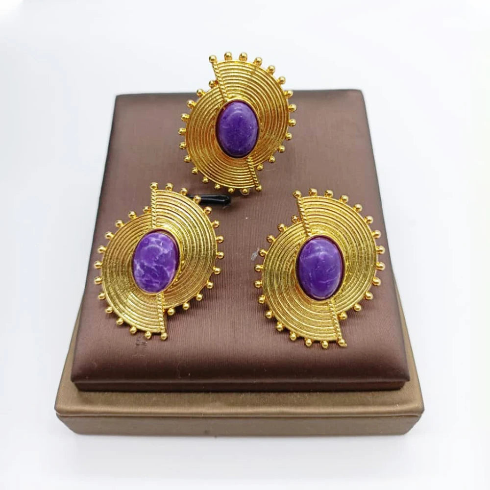 Afrikanisches Schmuckset für Damen Spiralform Neue Mode Lila Stein Ohrringe Fingerring Dubai Indischer Luxus Goldschmuck
