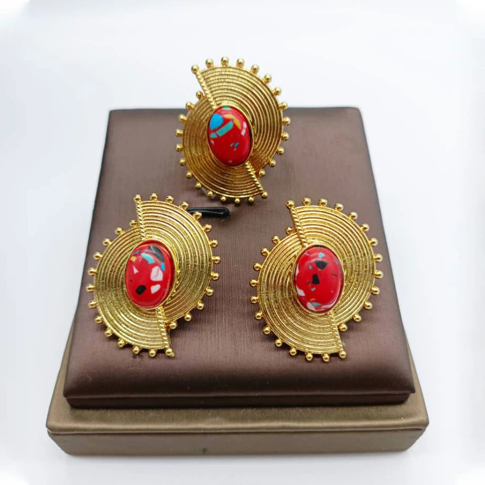 Afrikanisches Schmuckset für Damen Spiralform Neue Mode Lila Stein Ohrringe Fingerring Dubai Indischer Luxus Goldschmuck