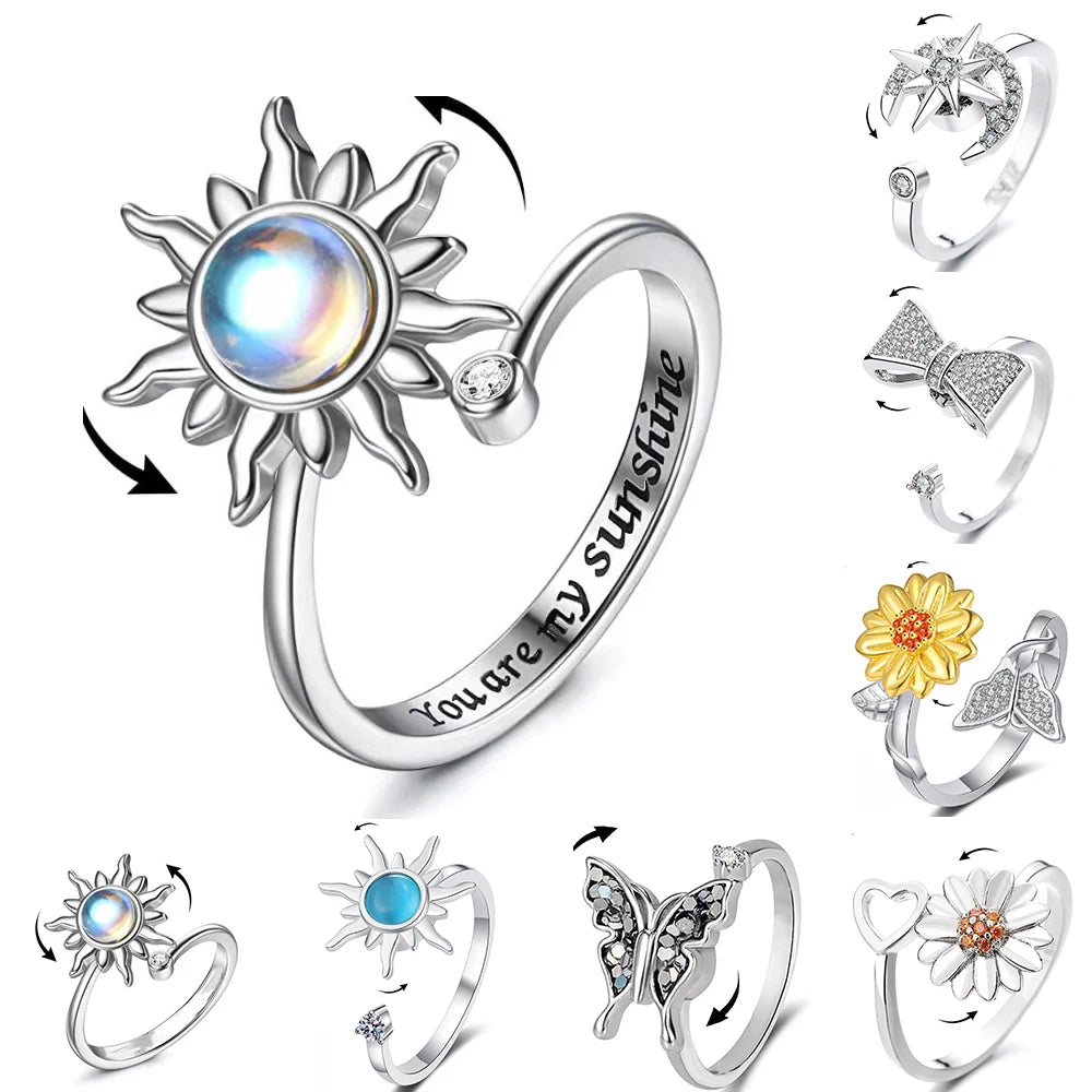 Sonnenblumen Kristall Angstlinderung Spinn Fidget Ring Für Mädchen Frei Drehbar Metall Kupfer Knöchelring Damen Schmuck Geschenke
