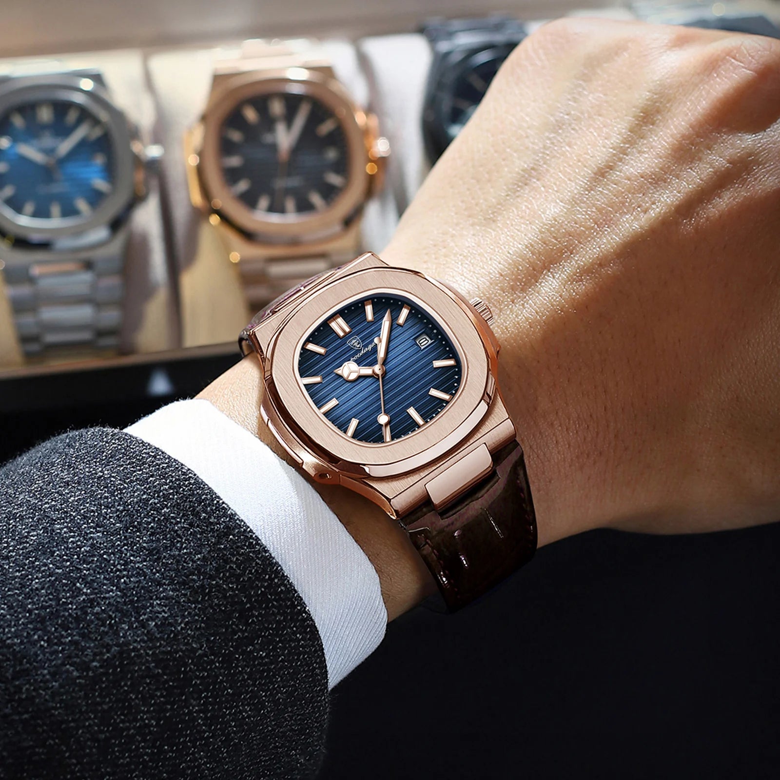 POEDAGAR Reloj de Cuarzo de Cuero para Hombre, a la Moda, Cuadrado, Impermeable, Luminoso, con Fecha, de Negocios, Casual, Reloj de Pulsera para Hombre