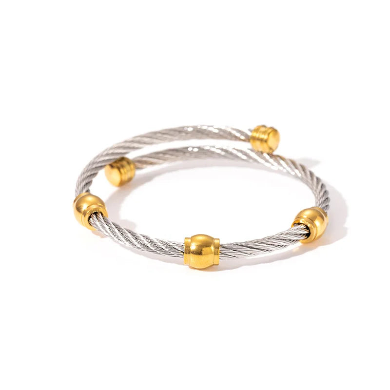1x Edelstahl vergoldet Armreif Trendiger Retro Hip-Hop Stil Armband Fried Dough Twists Stahldrahtseil Farbfester Armreif