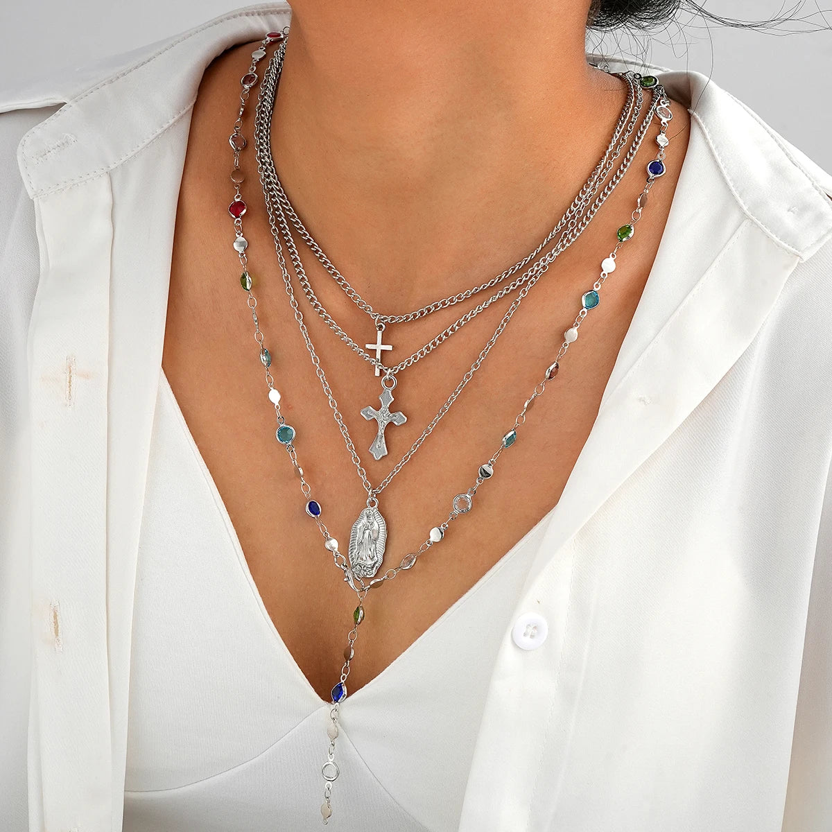 4Pcs/Set Cross Colorful Crystal Necklaces For Women Simple Gold Silver Color Y-Shaped Pendant Necklace Set New Christian Jewelry