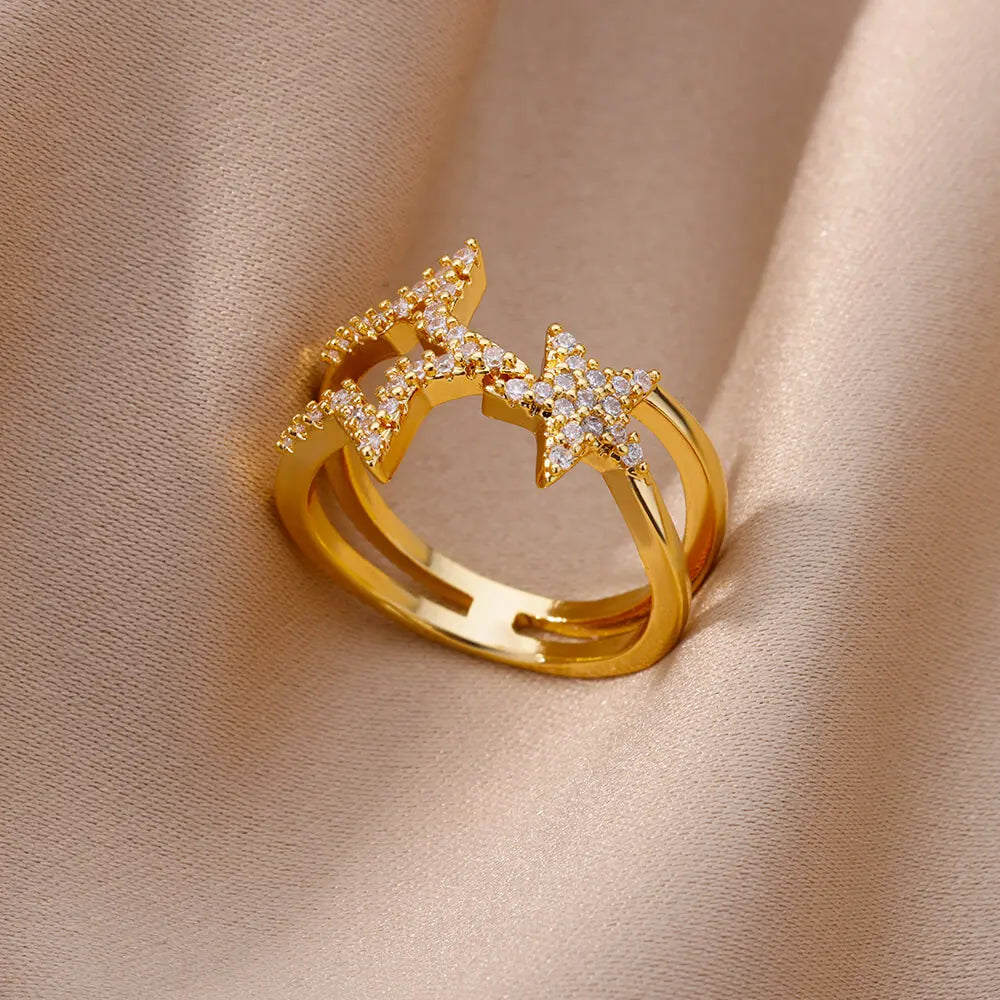 Zirkon-Ketten-Kreuzringe für Damen Vintage Goldfarbe Edelstahl Geometrischer offener Ring Mode Hochzeit Ästhetischer Schmuck Geschenk