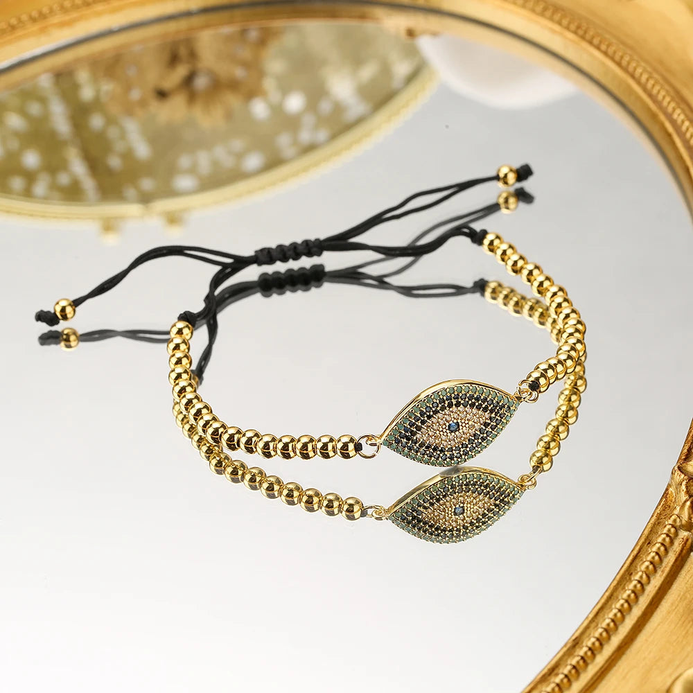 NEWBUY 2023 Mode Handgemachte schwarze Seilperlenkette Armband Verstellbar AAA Zirkonia Böser Blick Charm Armbänder für Frauen Mädchen