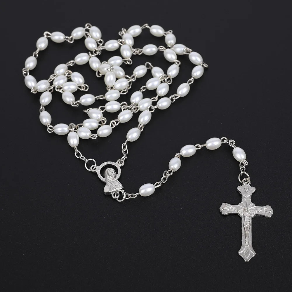 White Oval Pearl Rosary Necklace For Women Catholic Religious Crucifix Cross Pendant Gold Silver Color Chain Men Prayer Jewelry