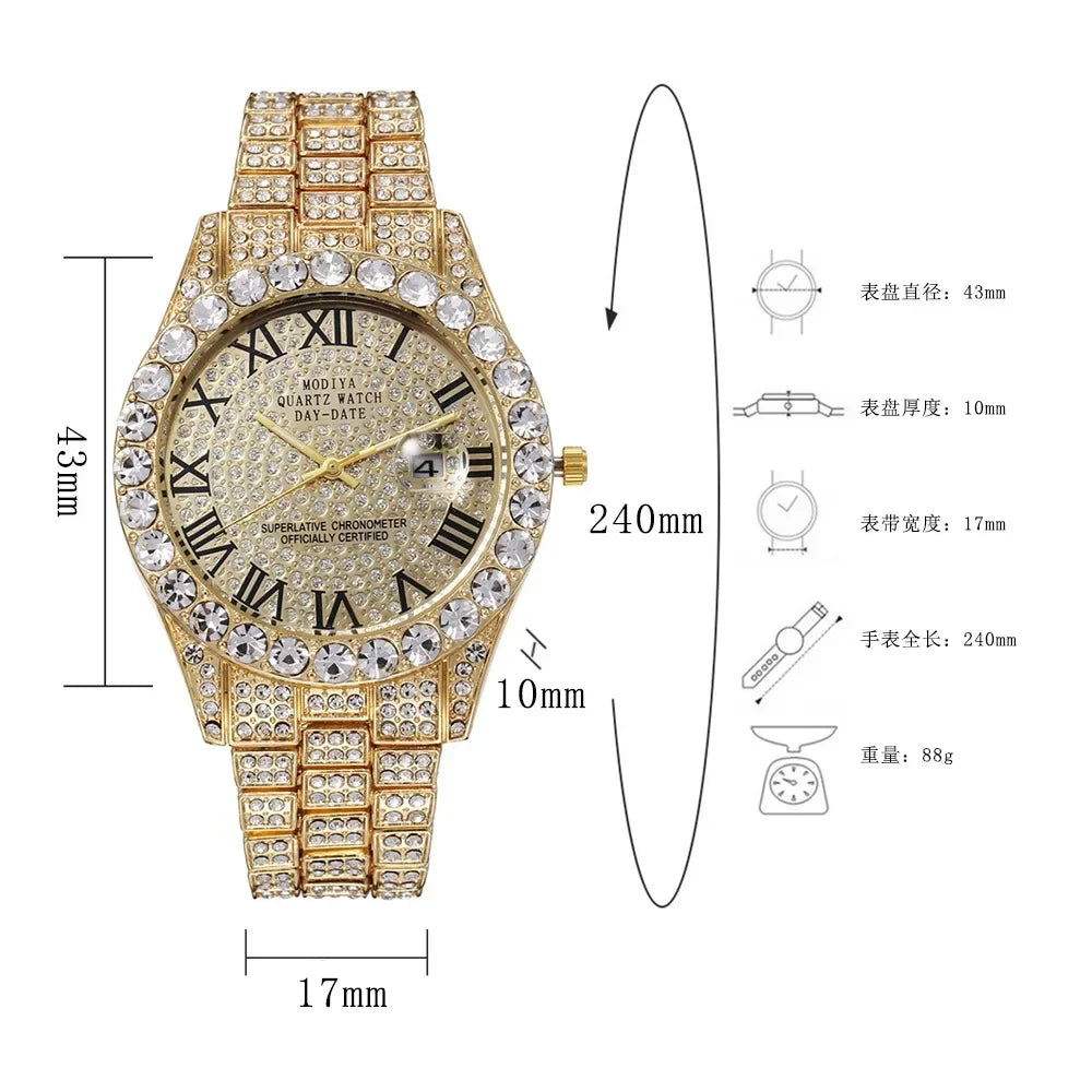 Reloj de diamante brillante Hot Sale para hombre, color oro, de lujo, de cuarzo, reloj masculino, dropshipping, calendario de diamantes de imitación, reloj de pulsera