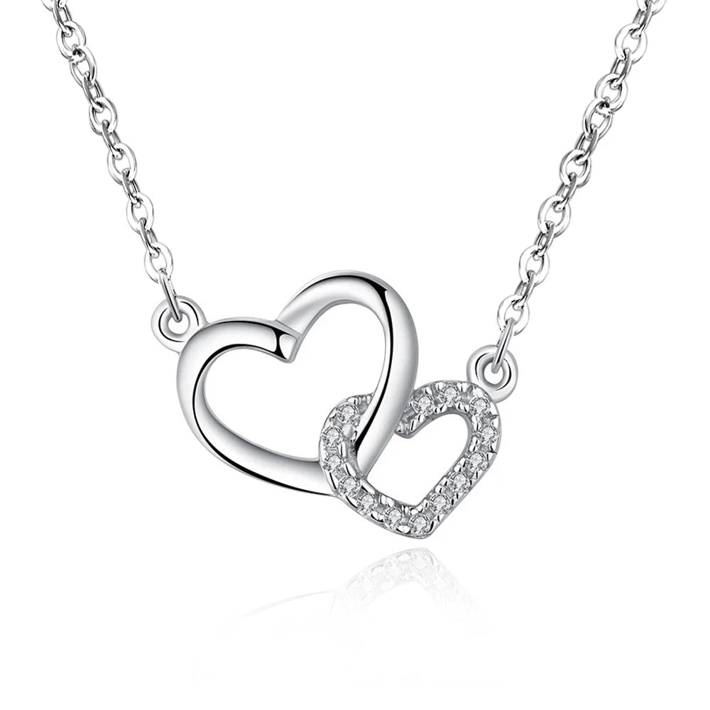 Collares de doble corazón de circonita de plata de ley 925 para mujer, joyería de lujo para boda, accesorios de diseñador, plata 925
