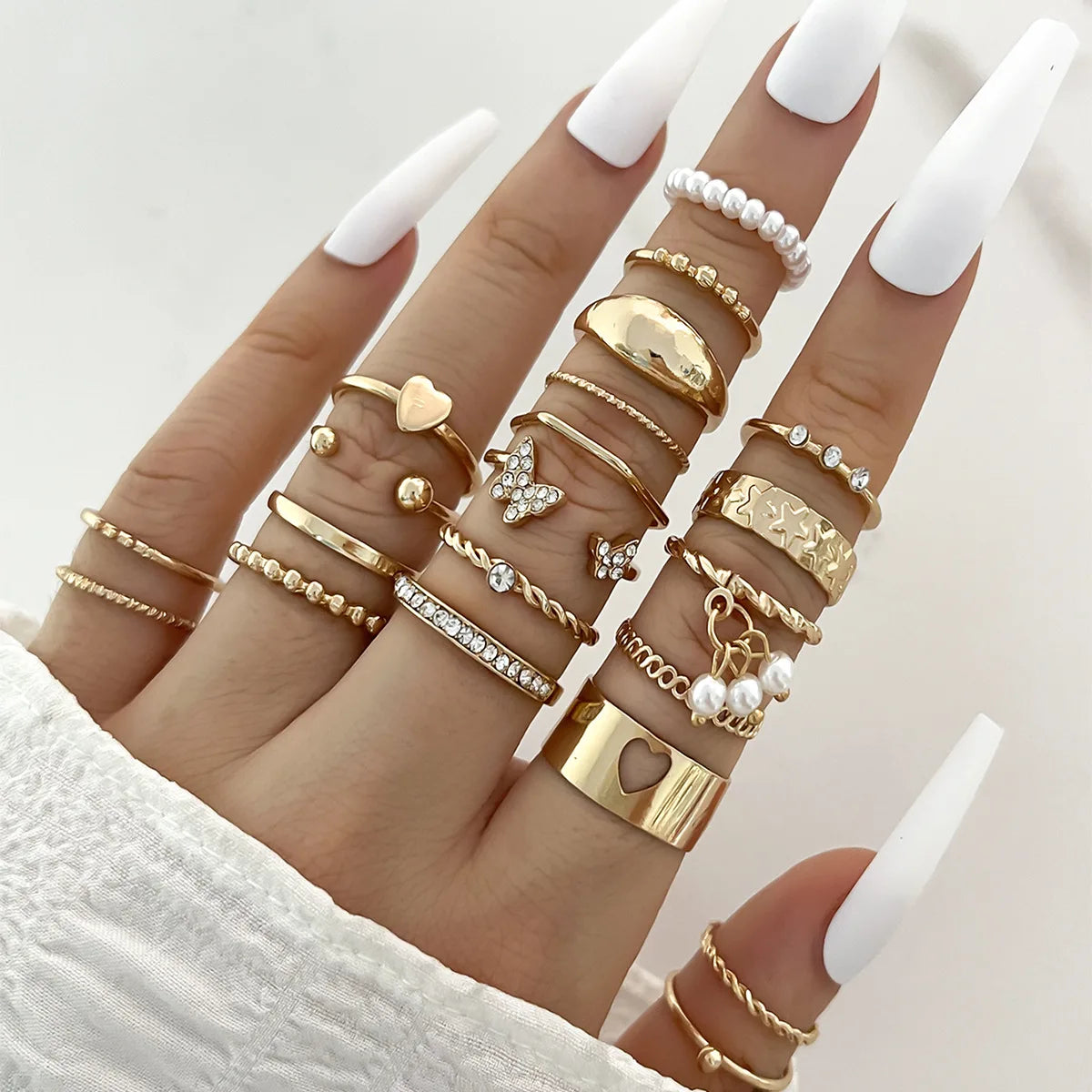 Mode Einfache Welle Gelenkringe Set für Frauen Kristall Herz Form Gold Silber Farbe Ring Weiblicher Party Schmuck