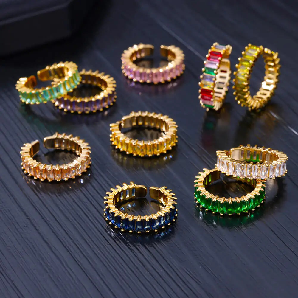 Goldfarbene Zirkonia-Ringe für Damen Offener Edelstahl Grüner Luxus-Kristall-Fingerring Boho Schmuck Hochzeitsfeier Geschenk