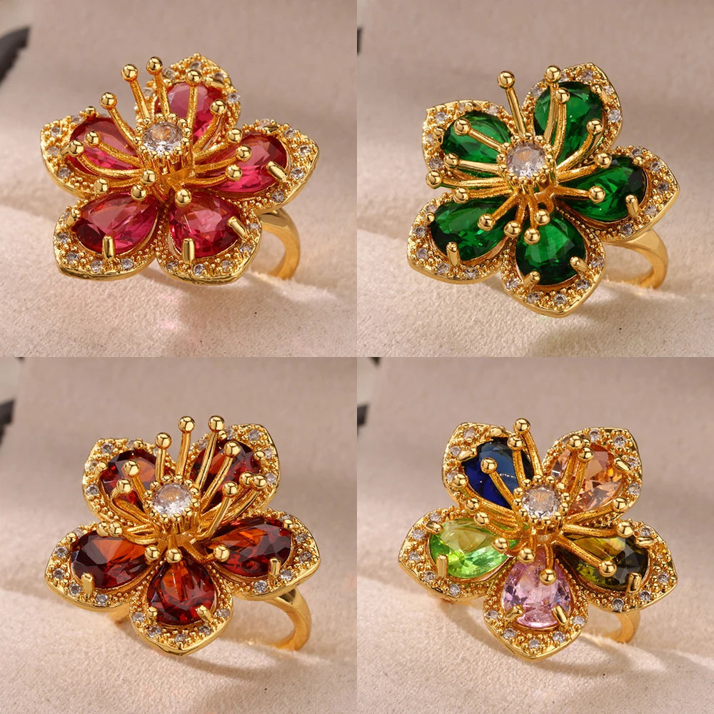 Luxuriöse bunte Zirkonia-Blumenringe für Damen, goldfarbener Edelstahl-Öffnungsring, modischer Hochzeitsparty-Ästhetik-Schmuck