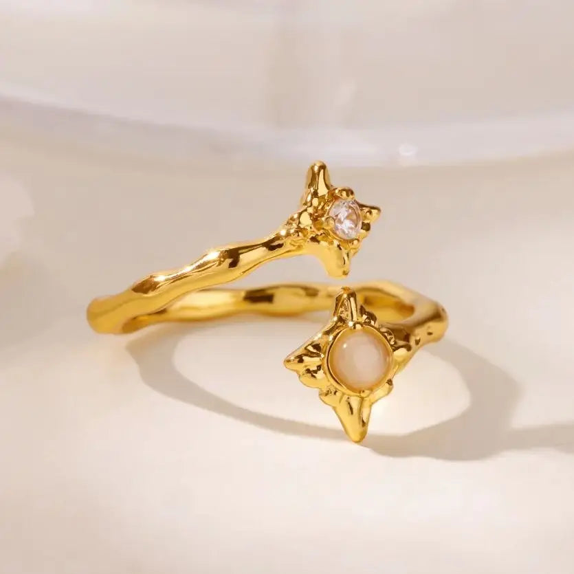 Zirkon Blumenringe für Frauen Goldfarbene Doppelte Blume Verstellbarer Edelstahlring Hochzeit Party Weihnachtsgeschenk Schmuck