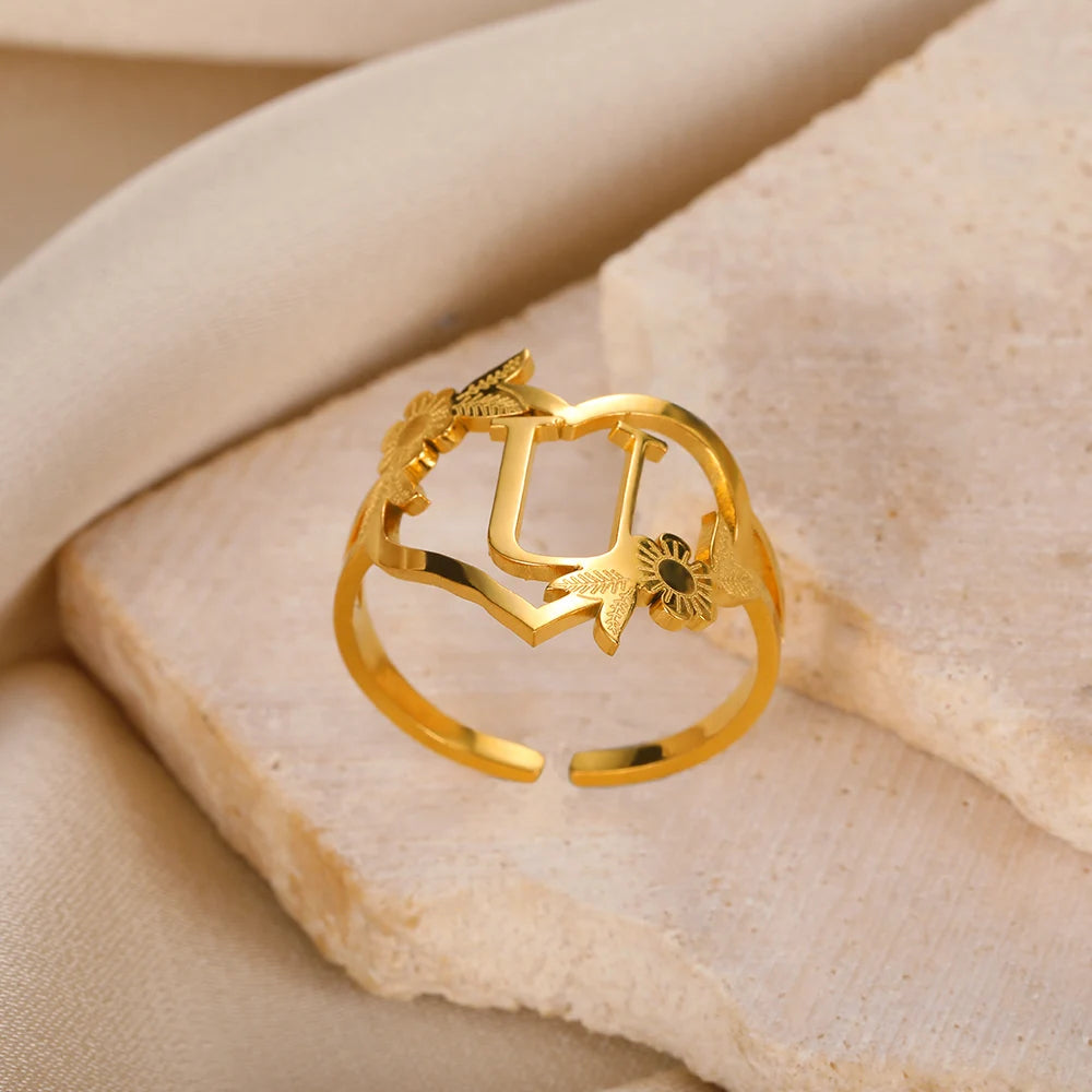Edelstahl Initialen Buchstaben Herzringe für Frauen Mädchen Goldfarben Blumen Alphabet Ring Mode Valentinstags Schmuck Geschenk