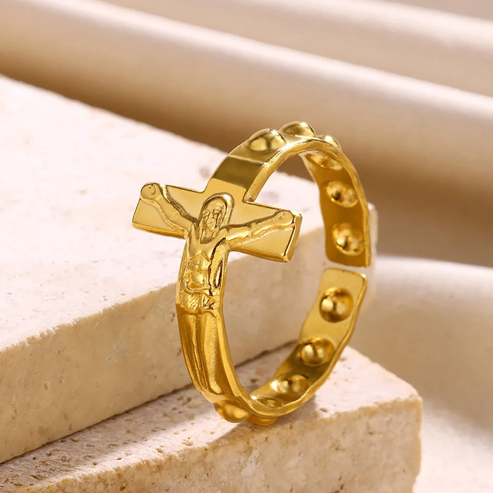 Vintage Jesus Kreuzringe für Damen Herren Goldfarbe Edelstahl Jesus Kreuz Verstellbarer Ring Religiöser Party Schmuck Geschenk