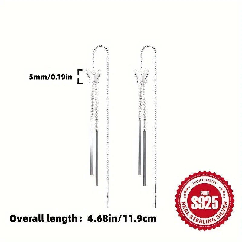 Paar S925 Silber Schmetterling Quasten Ohrringe für Damen, hypoallergen, süßes Mädchen, vielseitiges Alltags-Accessoire, perfektes Geschenk für Frauen