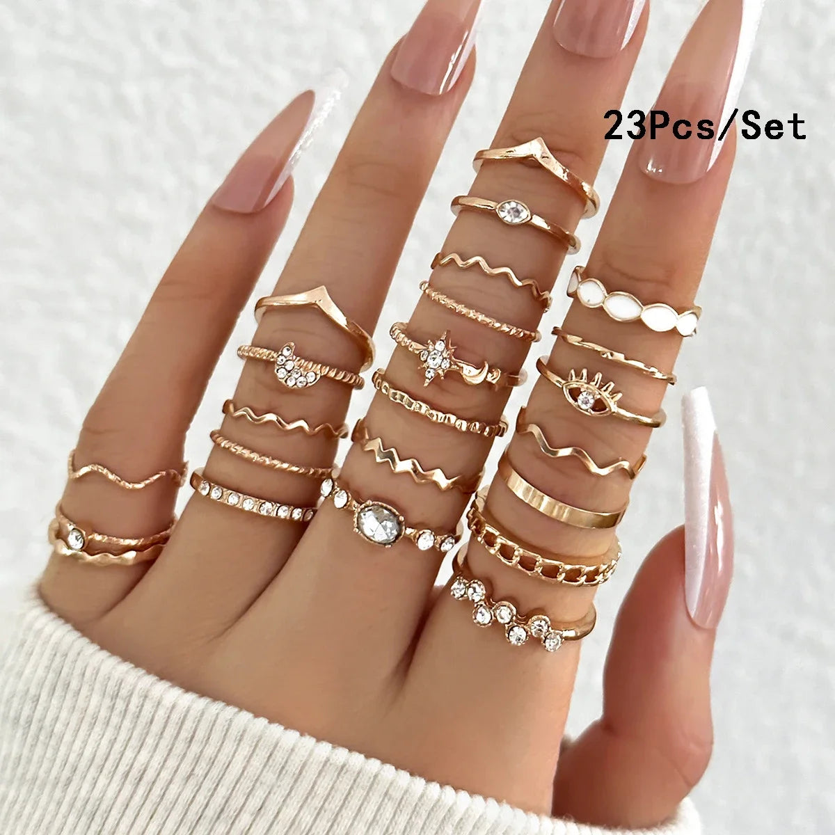 28tlg. Modisches geometrisches Knöchelringe-Set für Damen Kristall Herz Gold Silberfarbene Ringe Mädchen Party Schmuck Zubehör
