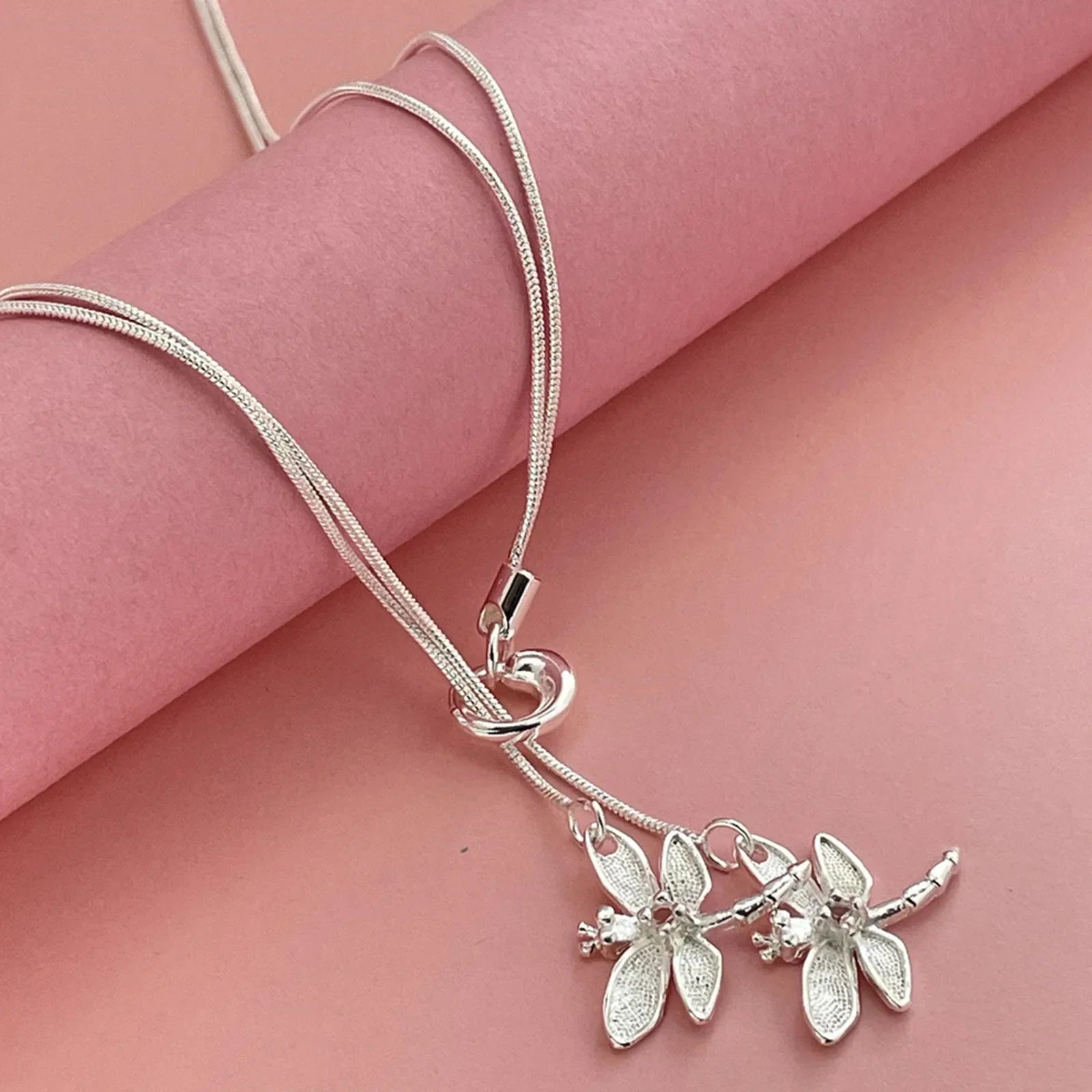 Collar con colgante de dos libélulas de plata de ley 925 para mujer, collar con cadena de serpiente, joyería para boda y compromiso