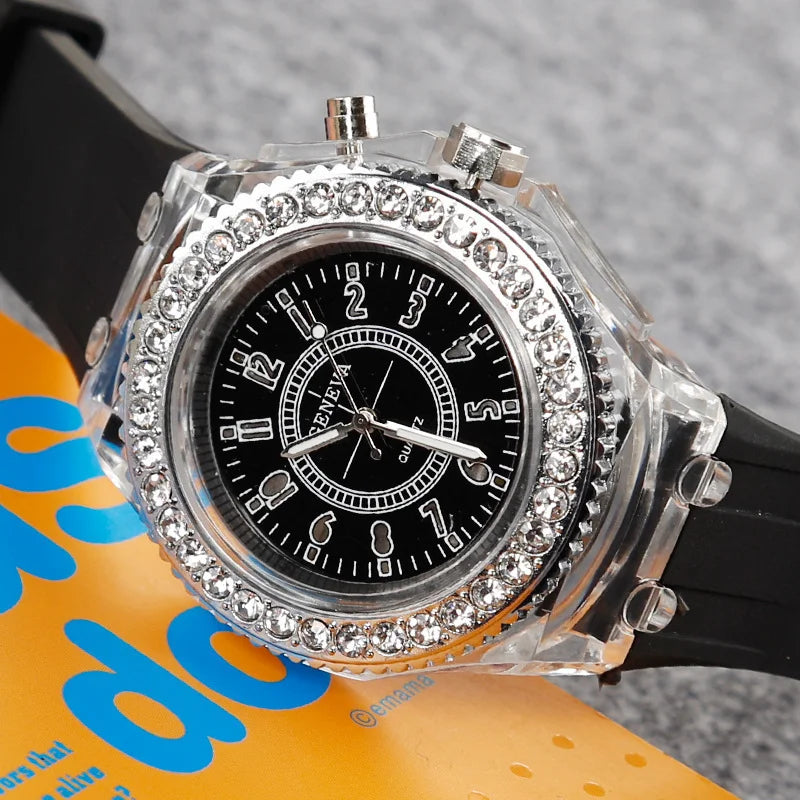 Leuchtende Quarzuhr für Frauen Persönlichkeit Strass Led Mode Genf Männliche und Weibliche Studenten Paar Gelee Armbanduhren