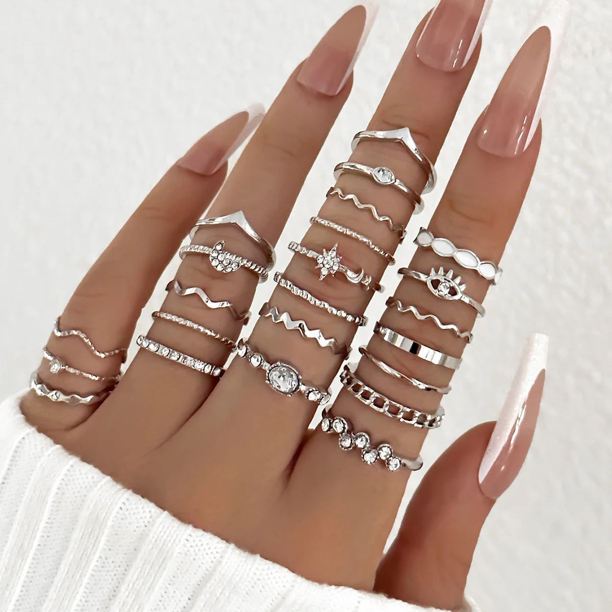23-teiliges Mode-Knöchelring-Set für Damen, Kristall, Stern, Mond, Auge, Welle, Gold, Silber, Farbe, Ringe, weiblicher, trendiger Party-Schmuck, Geschenk
