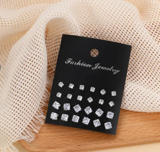 12 Paar Zirkonia-Ohrringe Set, brillante, glänzende Ohrstecker für Frauen, schlichter Perlen-Unregelmäßiger Trendy Schmuck Zubehör 2024 Neu