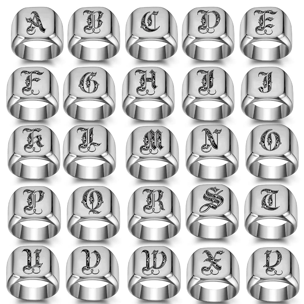 Personalised Initial Engrave A to Z Alphabet Stainless Steel Signet Blank Plain Ring Band High Polished Gold Color Tone U.S.Size