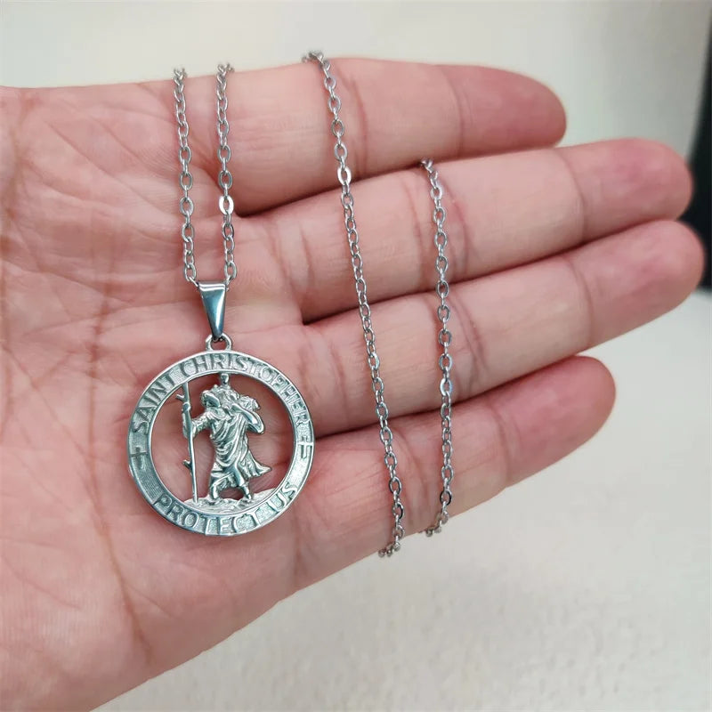 Venta caliente Religioso 18K chapado en oro San Cristóbal Collar de acero inoxidable con colgante para hombres mujeres regalo de joyería