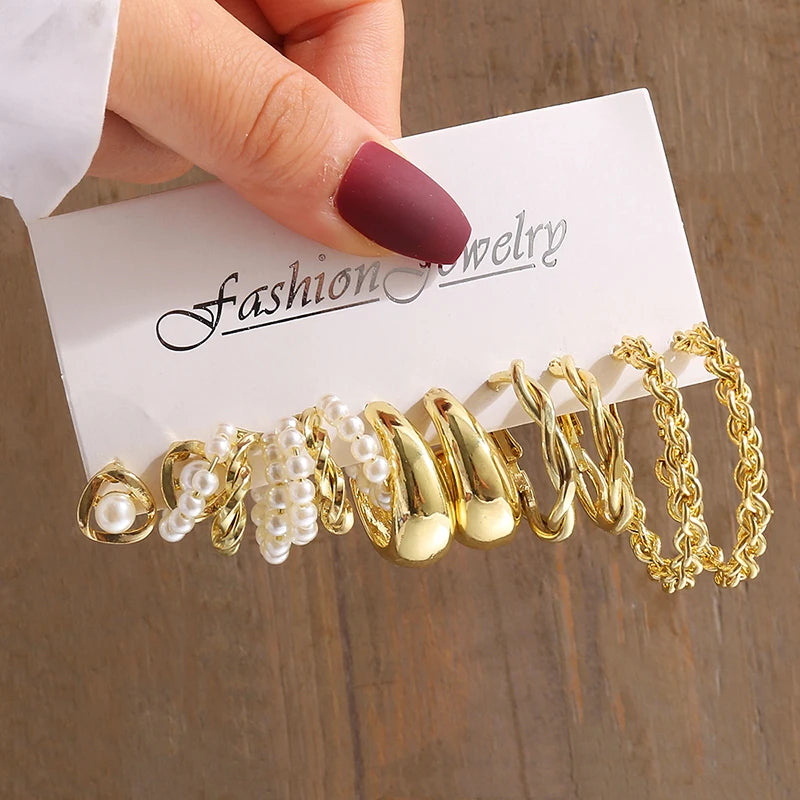Aretes de Perlas Geométricos Vintage Color Oro, Set de Aretes Colgantes Cuadrados de Metal Trenzado Redondos para Mujer, Joyería de Fiesta Sencilla y de Moda