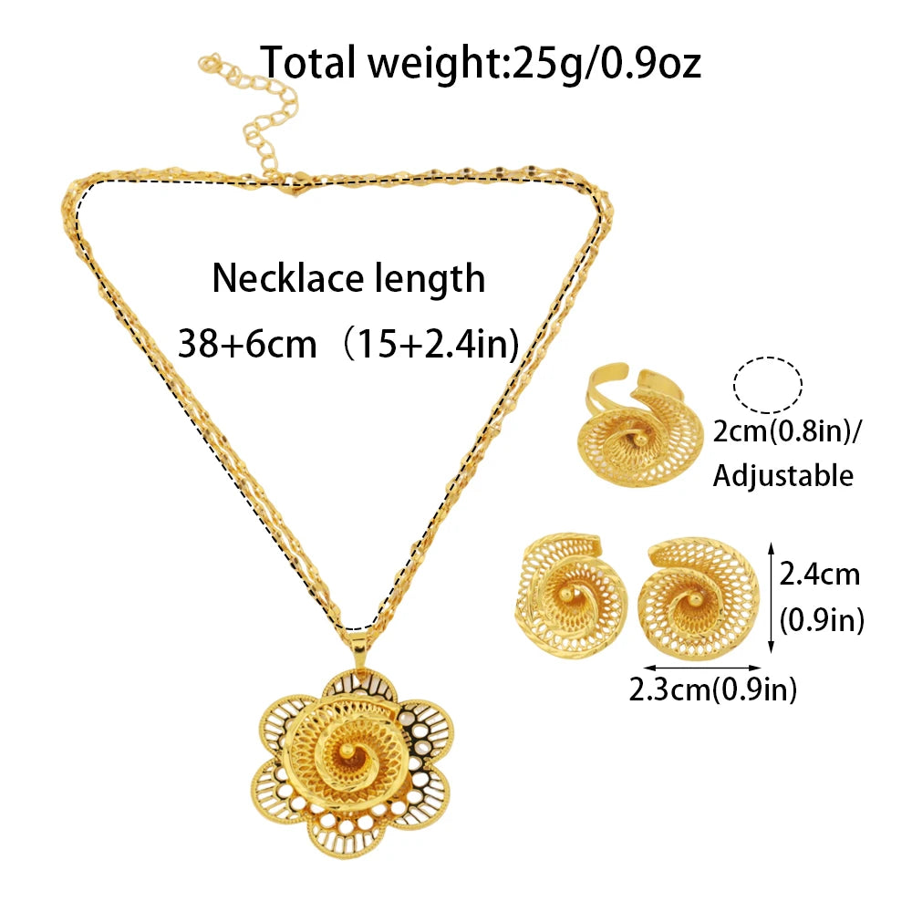 Afrikanisches Goldfarbenes Damen-Halsketten- und Ohrringe-Set im Trend Dubai Blumen-Hohl-Schmuckset Geschenk für Party, Hochzeit, Alltag