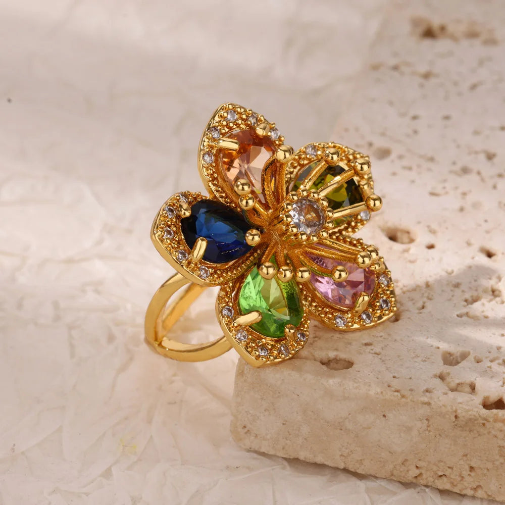 Luxuriöse bunte Zirkonia-Blumenringe für Damen, goldfarbener Edelstahl-Öffnungsring, modischer Hochzeitsparty-Ästhetik-Schmuck