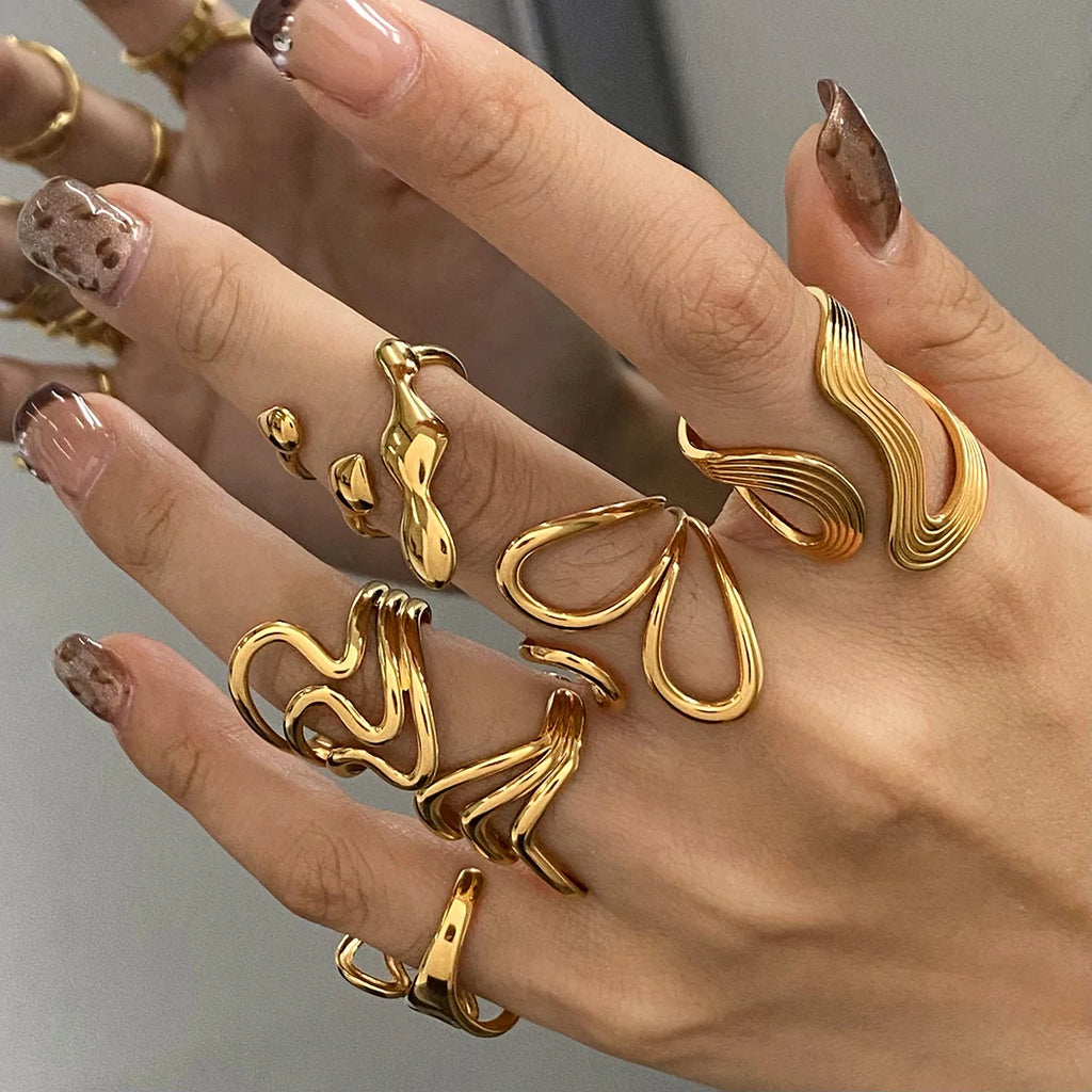 Stainless Steel Irregular Wave Rings For Women Creative Gold Color Adjustable Open Ring Female Jewelry Punk Rapper Anillos Gifts