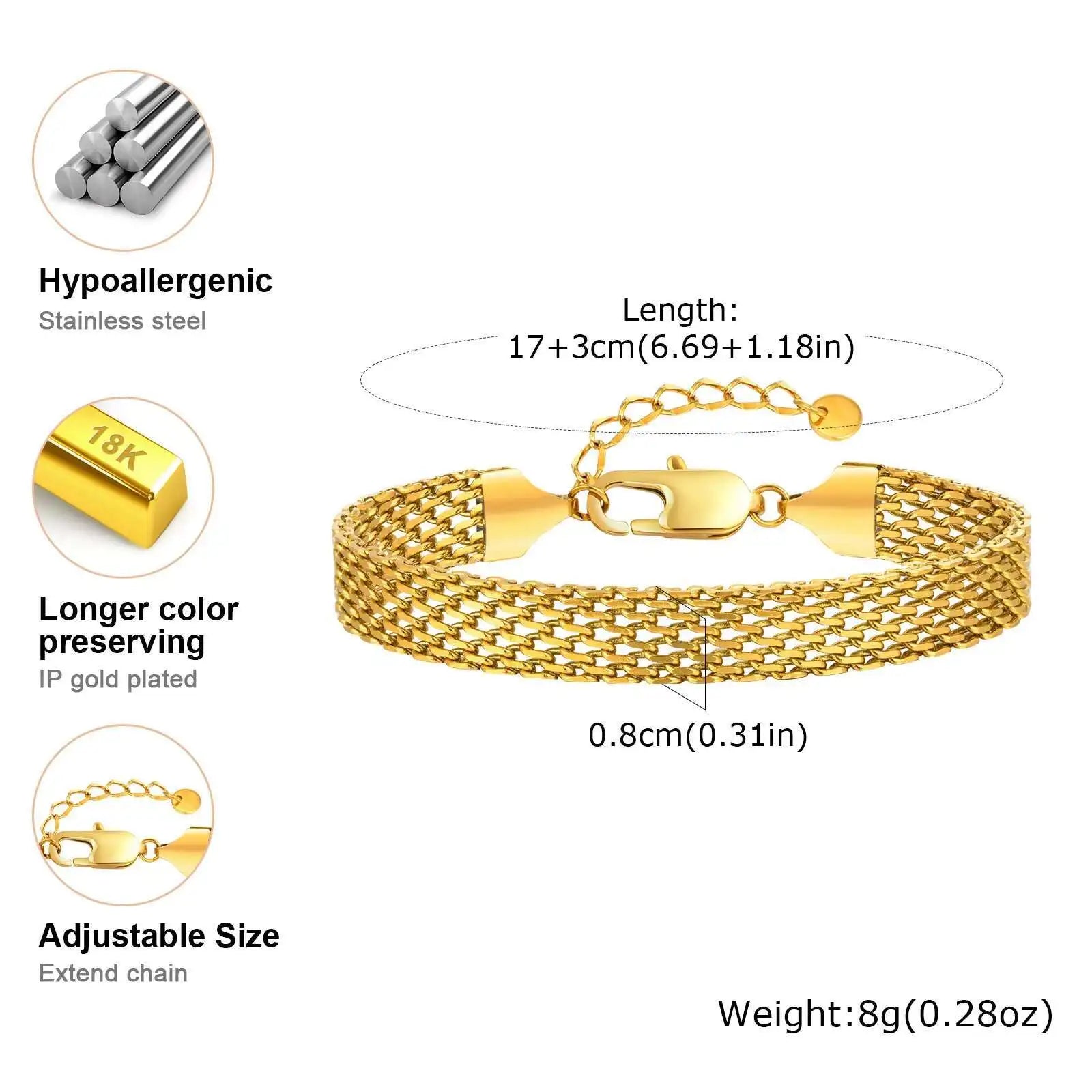 Edelstahlarmband für Damen, Gliederarmband aus Edelstahl, 3 mm/4 mm/6 mm, vergoldetes italienisches Kettenarmband, Schmuckgeschenk, anlaufbeständig