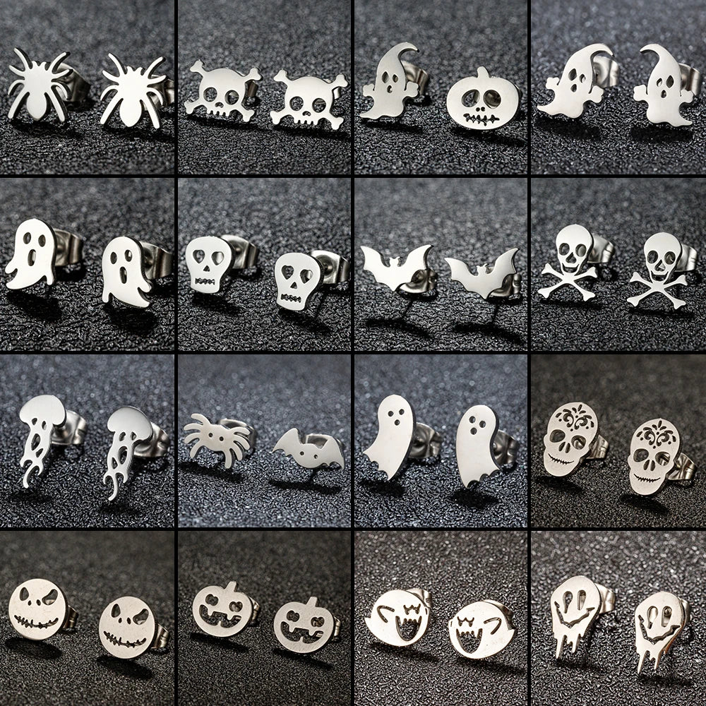 Horror Halloween Fledermaus Spinne Trendige Ohrringe Damen 2024 Schwarz Edelstahl Ohrstecker Totenkopf Punk Schmuck Party Geschenke