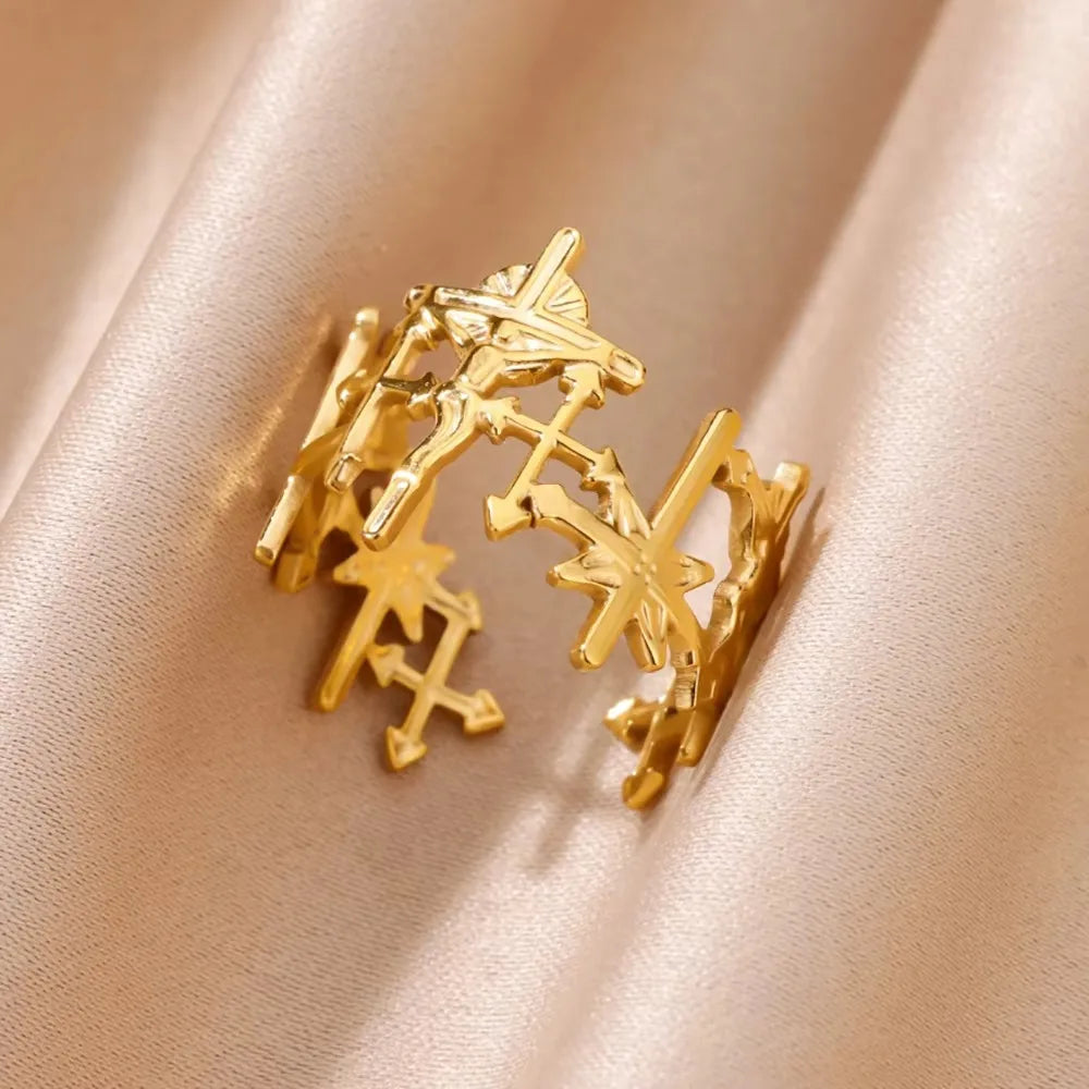 Edelstahl Kreuzringe für Frauen Vintage Gold Farbe Öffnung Kreuz Fingerring Party Hochzeit Schmuck Geschenk anillos mujer