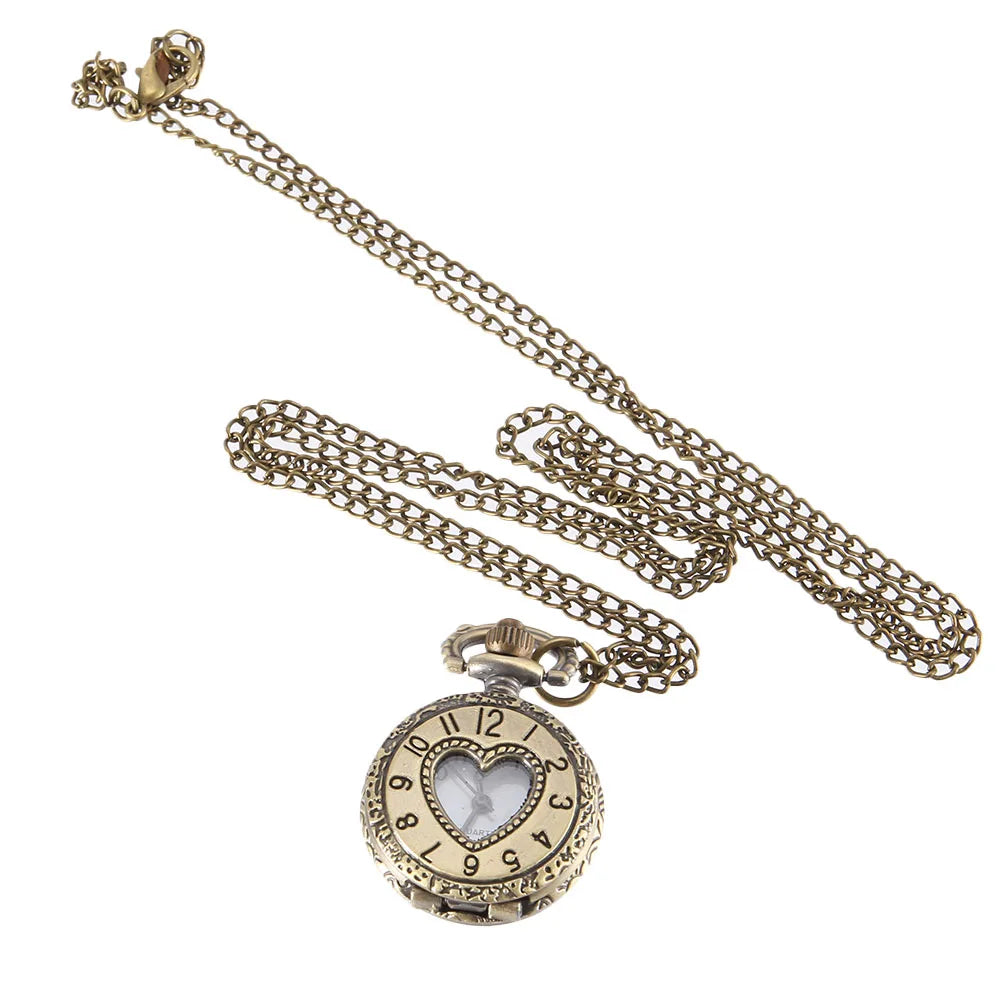 Vintage Pocket Small Watch Steampunk Quartz Watch With Chain Hollow Heart Cover Necklace Bronze Color Alloy Fob Clock Men Gift