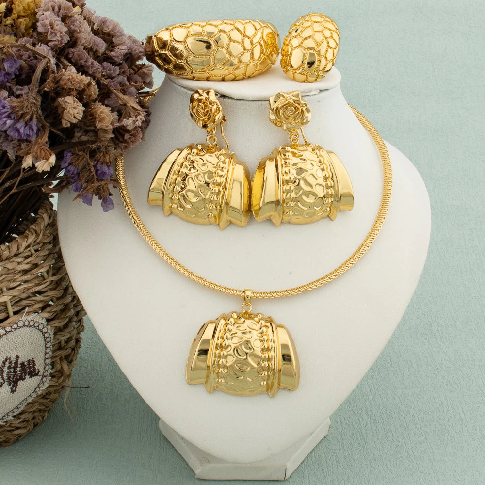 Afrika Halskette Ohrringe Schmuckset für Damen Goldfarben Metall Dubai Große übertriebene Creolen Punk Schmuck Accessoires