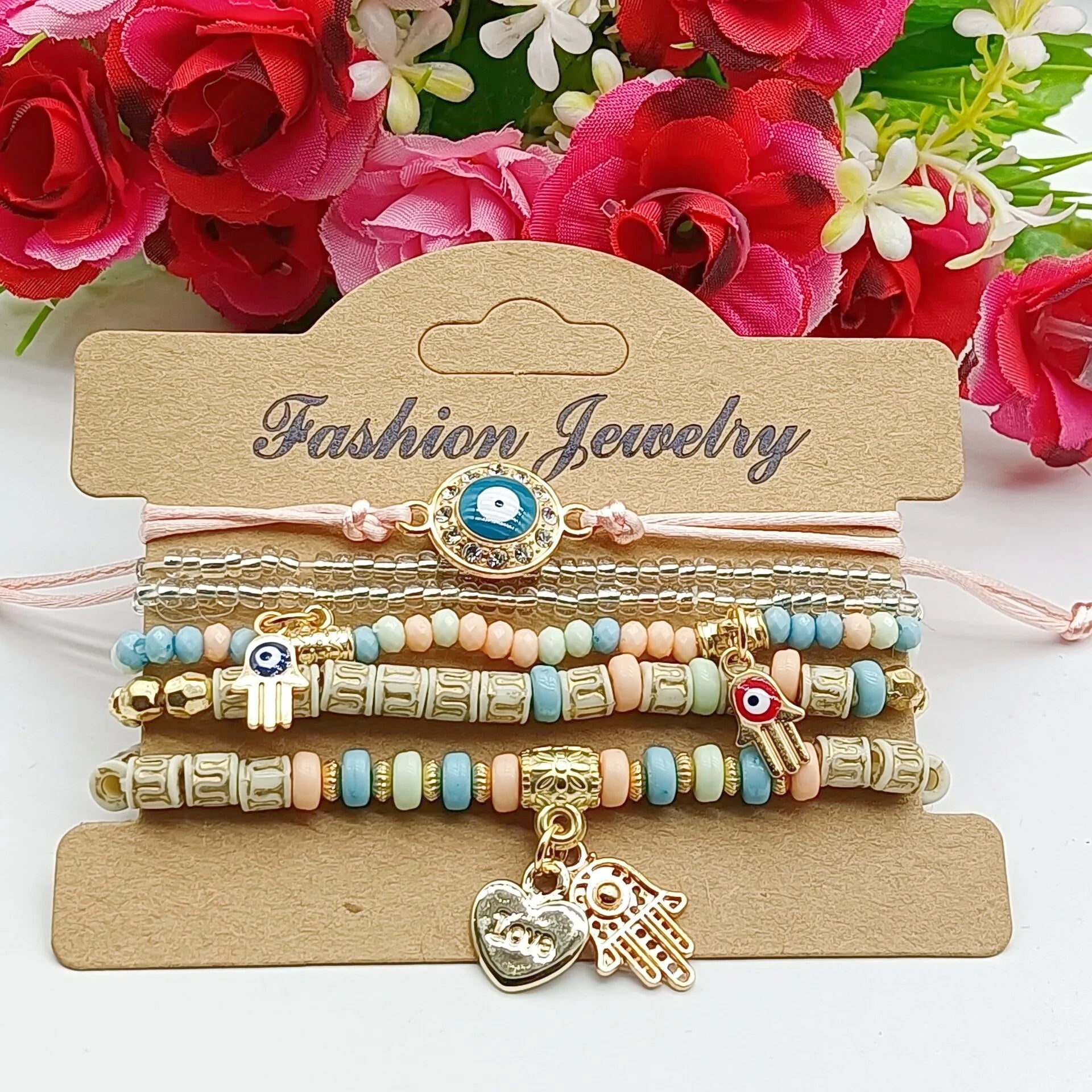 6Pcs Fatima Hand Böses Auge Armband Set für Frauen Herz Charm Perlen Seilkette Armreif Weiblicher Böhmischer Handgemachter Schmuck