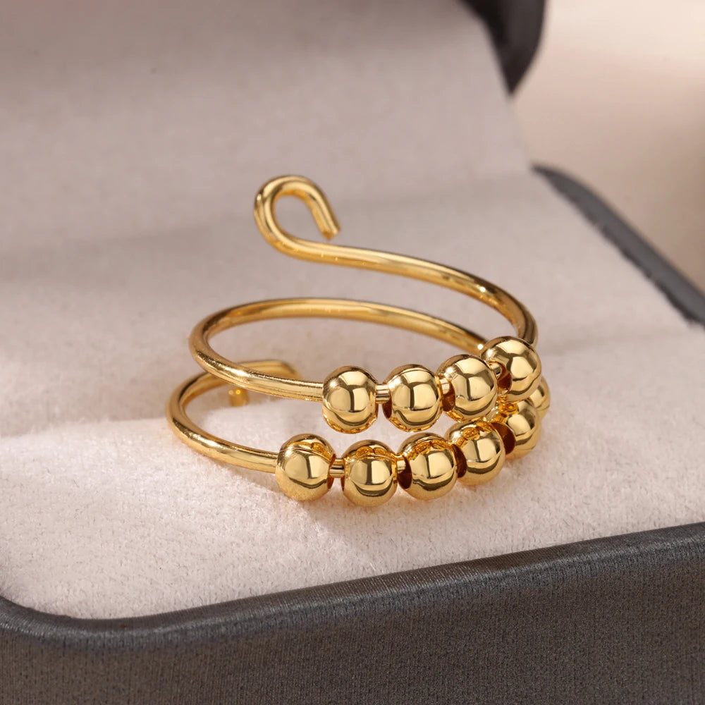 Anti-Stress Drehbare Perlenringe für Damen Herren Goldfarben Edelstahl Doppelte Glatte Perlen Fingerring Party Schmuck Geschenk