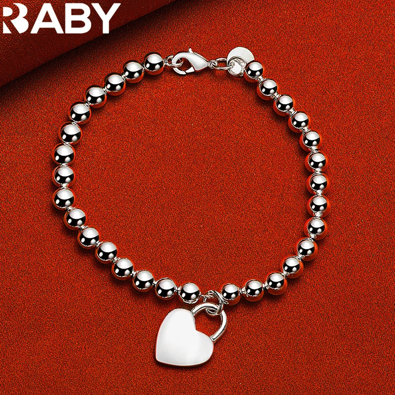 URBABY 925 Sterling Silber Glatte Perlenkette Herz Anhänger Armband für Frauen Hochzeit Party Modeschmuck Geschenk