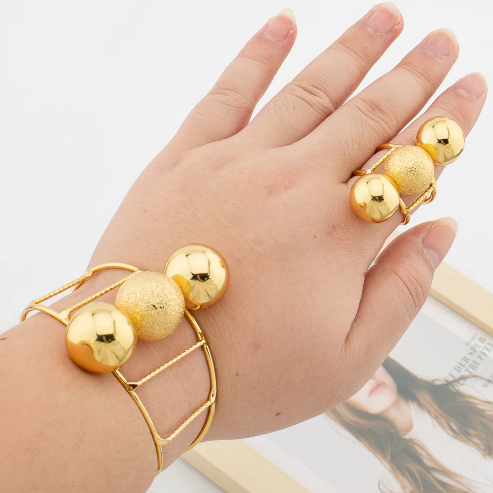 Afrikanischer Goldschmuck für Frauen, Perlen-Design, Manschettenarmreif und Ring, Dubai Hochzeiten Brautschmuck-Set, Accessoires, Geschenke