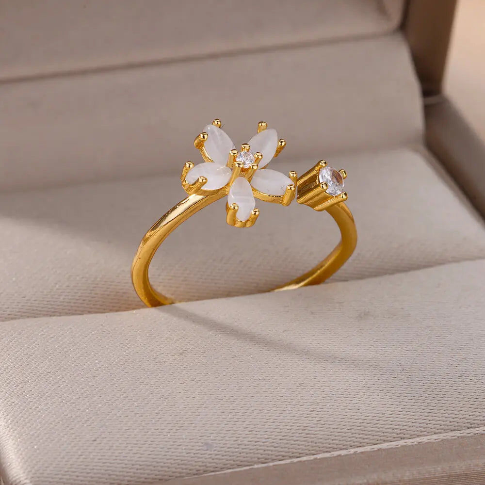 Opal-Blumenringe für Frauen, Zirkonia, offen, Edelstahl, Blumenring, Hochzeit, florale Ästhetik, Schmuck, Anillos Mujer