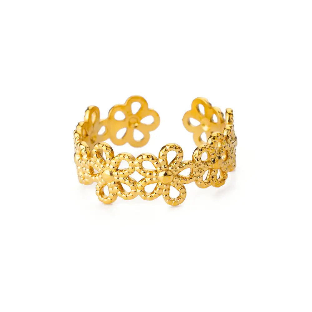 Anillos de flor hueca para mujer Color dorado Acero inoxidable Anillo de flor ajustable de varias capas Regalo de joyería estética para boda